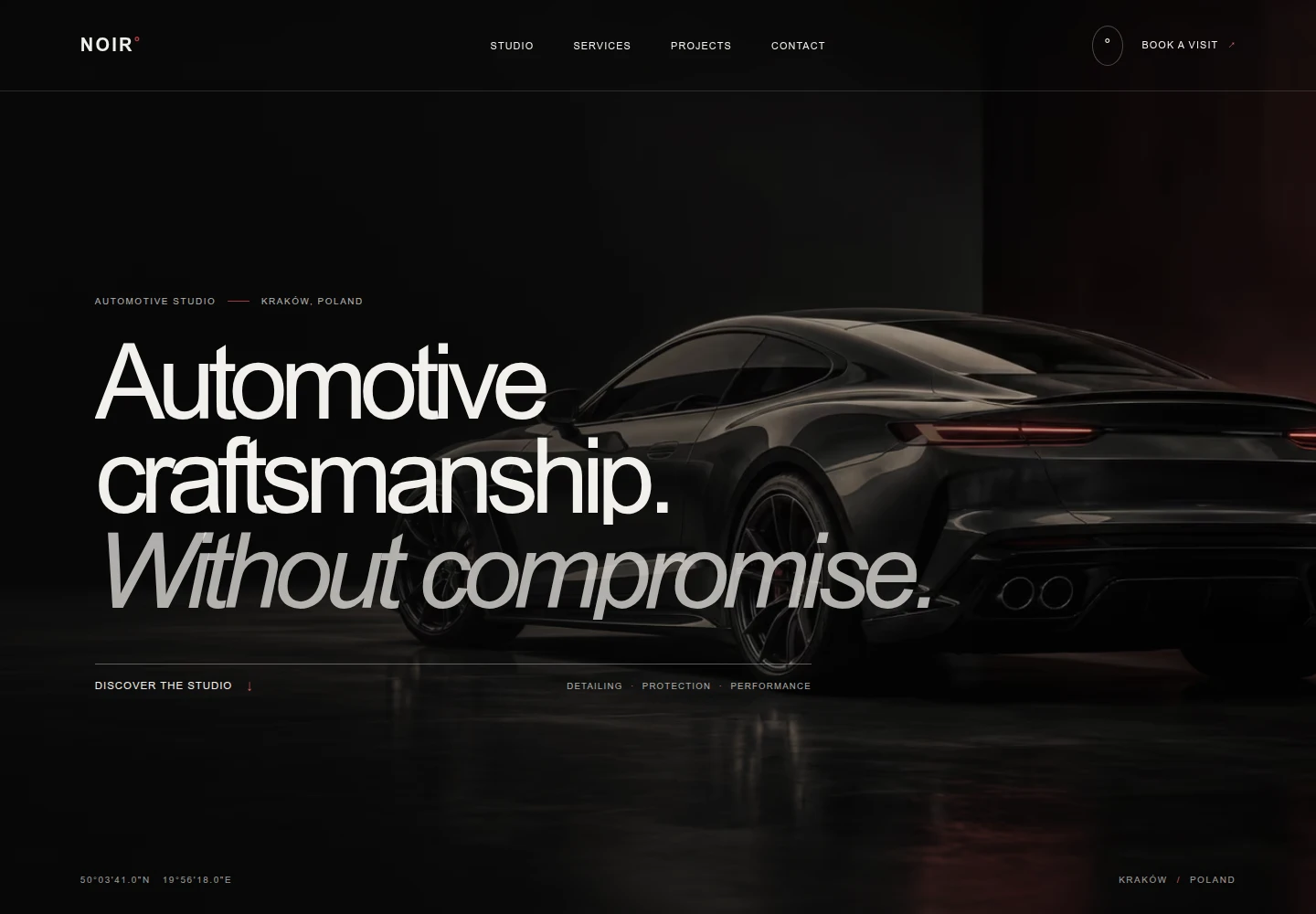 NOIR Performance — ciemna strona studia automotive z Porsche 911 w sekcji hero